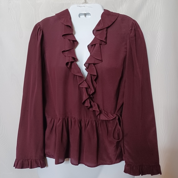 Madewell Burgundy Silk Ruffle- Hem Wrap Top With Tie. Size S - Picture 4 of 12